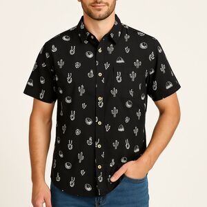 PYKNIC Taco Avocado Skeleton Peace Sign Shirt Mens Large Black Cactus Button Up